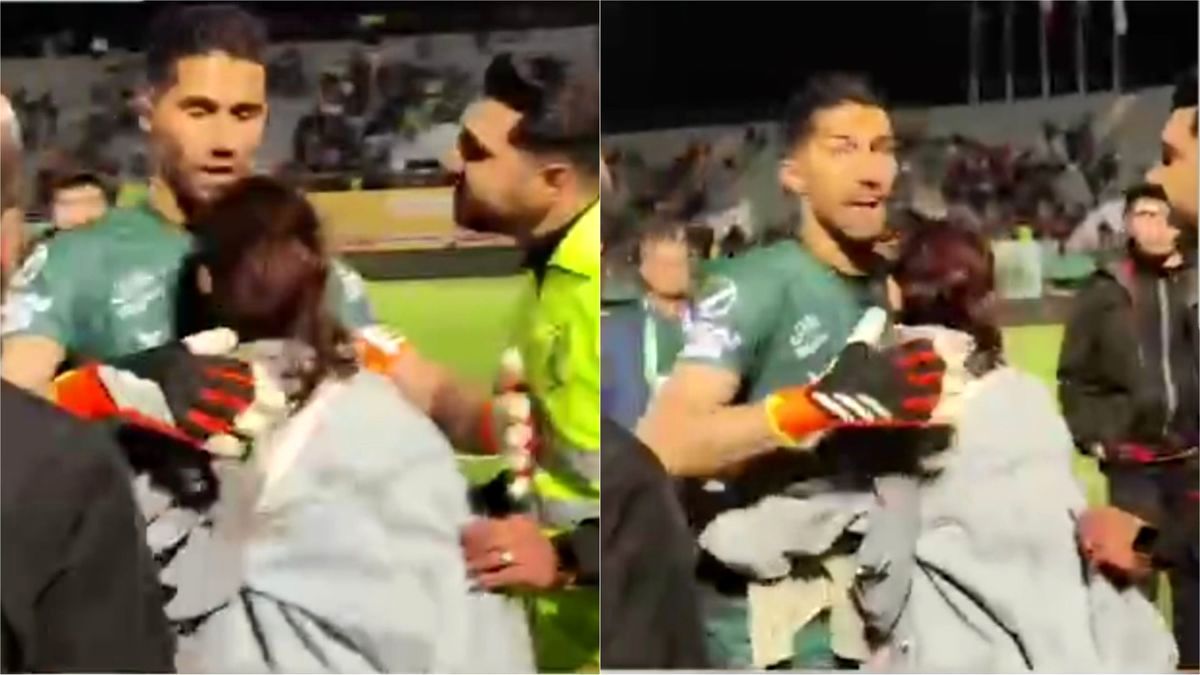 جنجال بغل کردن گلر استقلال توسط یک زن جیمی جامپ در اراک!/ حمله یکی از پلیس‌های حاضر در ورزشگاه اراک به او